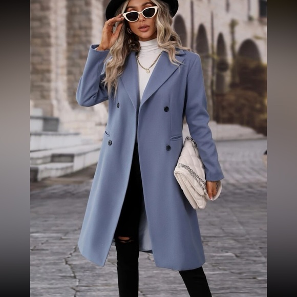 Lapel collar Double Breasted Overcoat long pea coat light gray long line - Picture 10 of 10